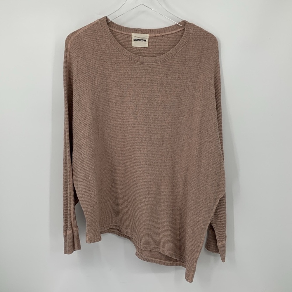 Monrow ribbed sweater knit tunic shirt top diagonal hem boxy Dolman sleeve M